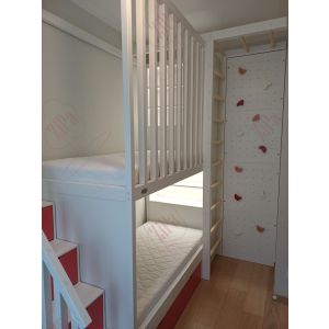 Divstāvu gulta 2 krāsās ar podestu, sporta elementiem un ar LED izgaismotiem plauktiem