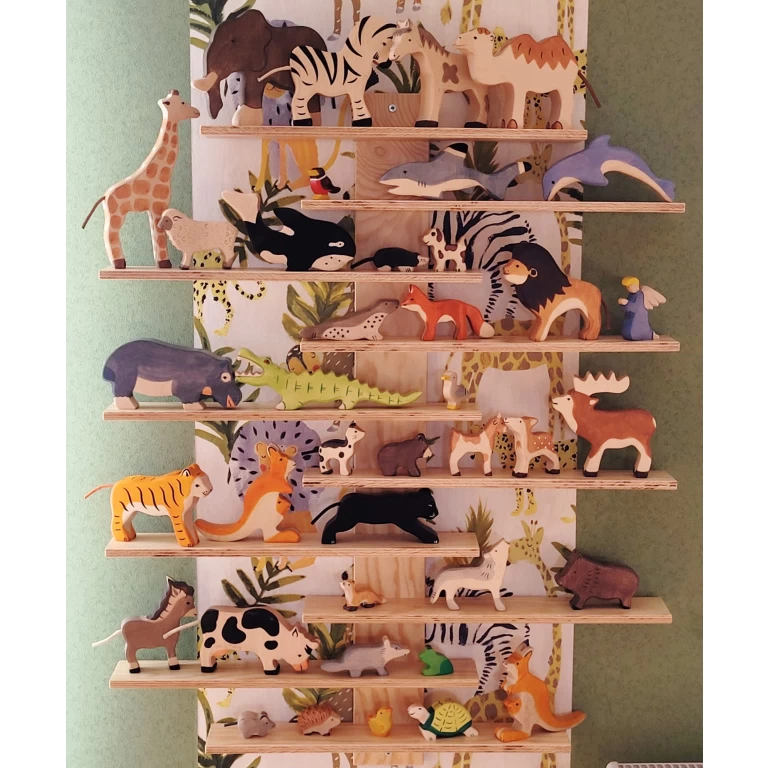 Pie sienas stiprināms plaukts dažādu rotaļlietu uzglabāšanai. Toy shelf on the wall.