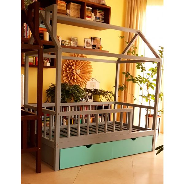 Children's bed house in two colours, grey and teal.