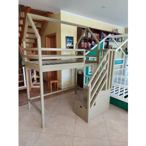 Loft bed - house with horizontal rails and platform in front. Cottage bed, bed with platform, high cottage bed, children's bed with platform.