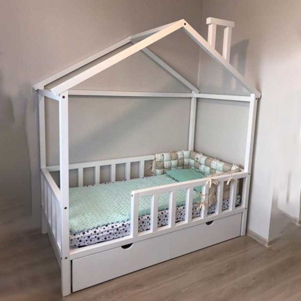 White Kids bed with modern roof and chimney