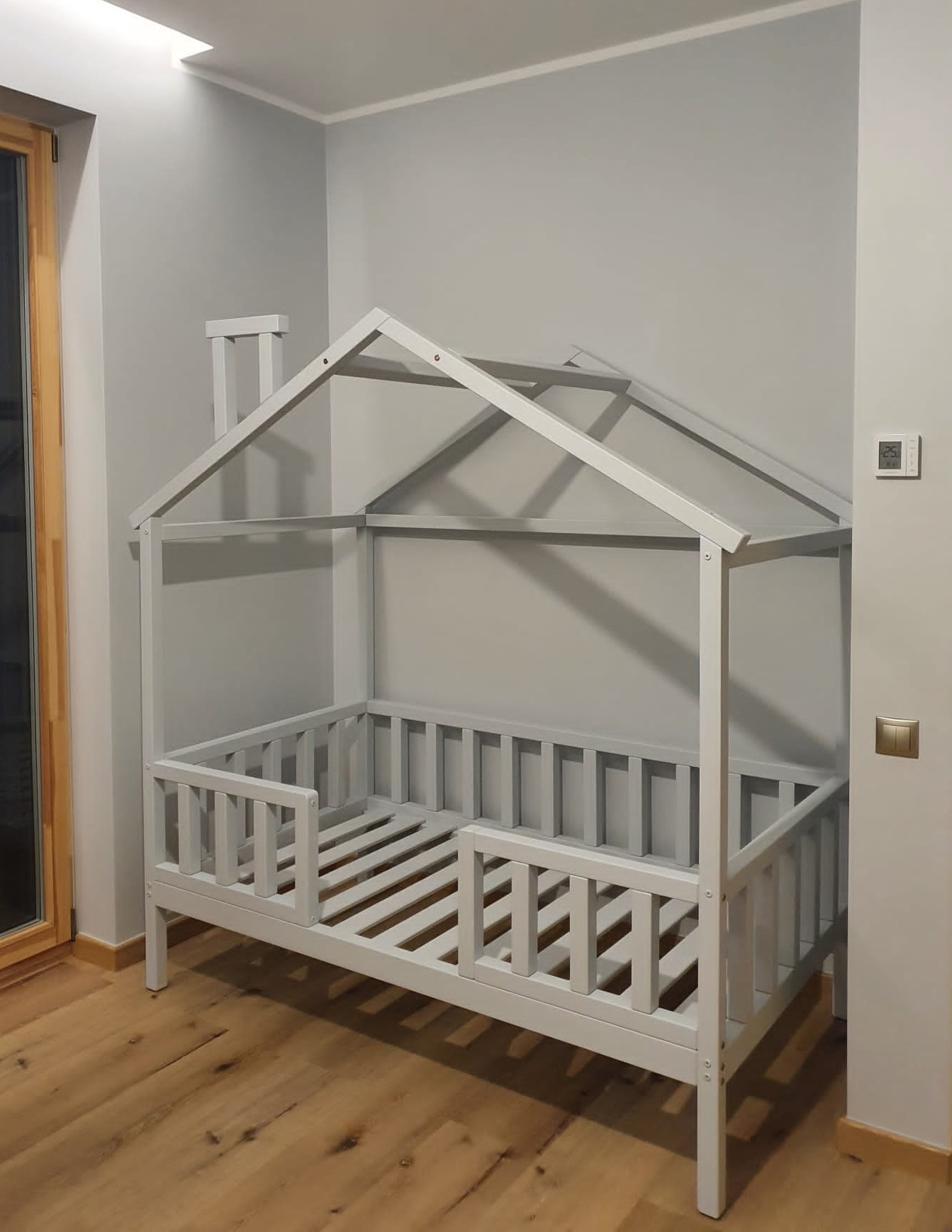 House bed for children with modern canopy. Children's bed, cottage bed, cot with roof