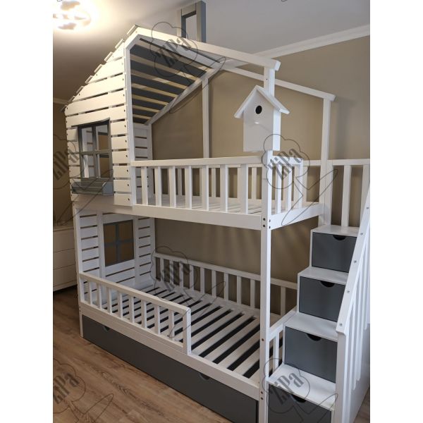 Bunk bed for children with decking and roof