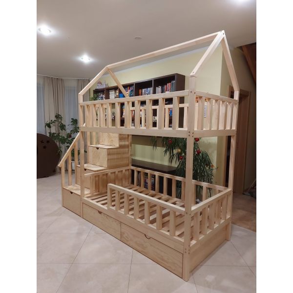 Bunk bed with platform and slats in wood tone