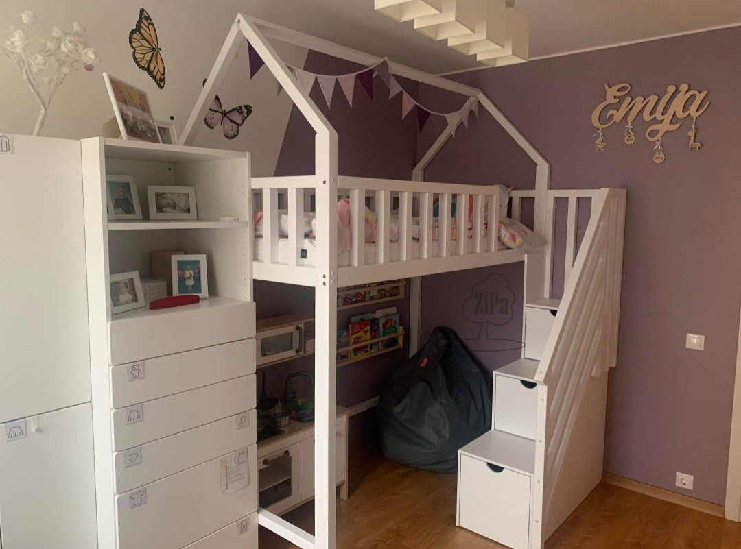 Loft bed with platform in front Loft bed with platform in front, with play area underneath, cot with roof, platform with drawers.