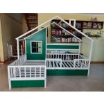L-shape bed with window and shelves, left corner, white with green accents. Bed for 2 children, double bed for children.