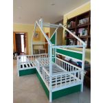 L-shape bed with window and shelves, left corner, white with green accents. Bed for 2 children, double bed for children. Photo from the side.