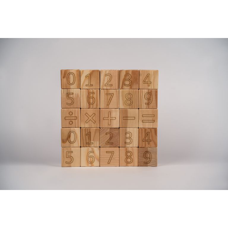 Maths Blocks Big Set Set of 25 bricks - 20 numbers, plus 5 different maths operations. 4,5 x 4,5 x 4,5 cm pine wood blocks!